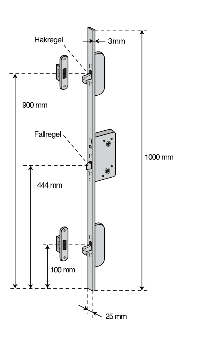 Spanjolett Yale Doorman Multipoint MPL H9 - 1000 mm - Höger - Teknisk ritning med mått