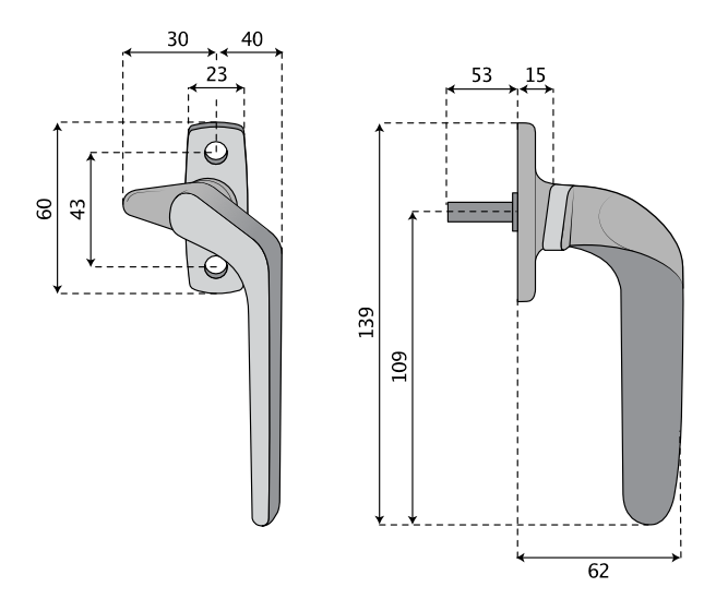 Handtag till vridfönster, överhängt- och glidhängt fönster ASSA 2265 - Teknisk ritning med mått