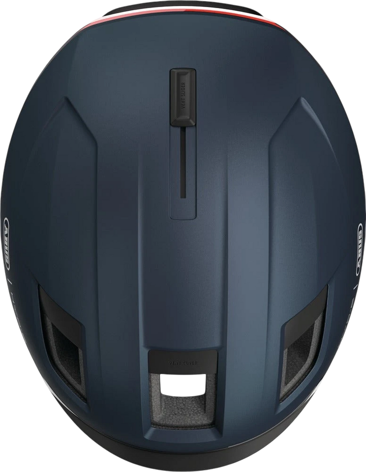 St George Security Store ABUS HYP-E midnight blue cycling helmet with integrated ventilation slider and top view