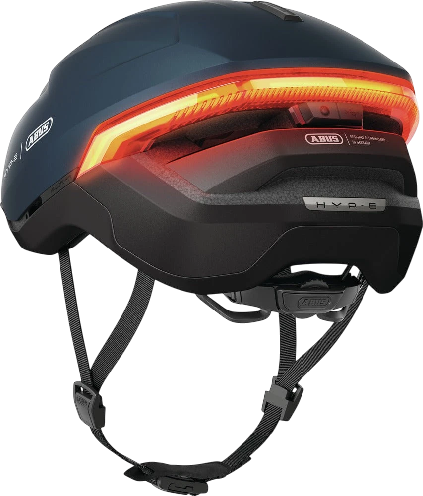 St George Security Store ABUS HYP-E midnight blue cycling helmet with integrated rear LED light and magnetic visor