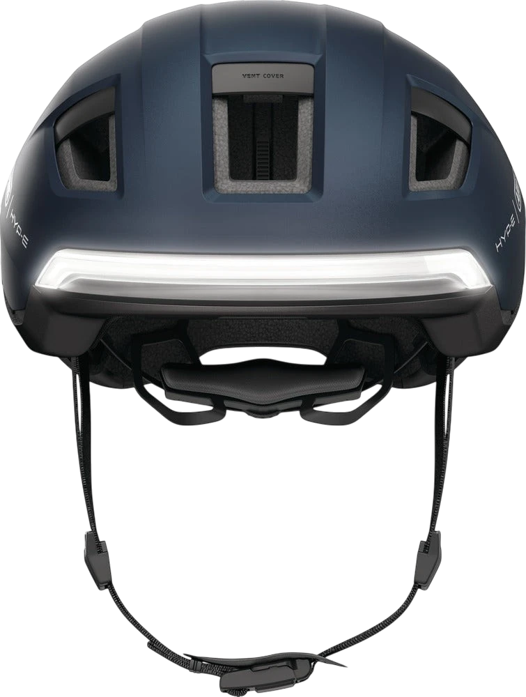 St George Security Store ABUS HYP-E midnight blue cycling helmet with integrated front LED light and ventilation cover