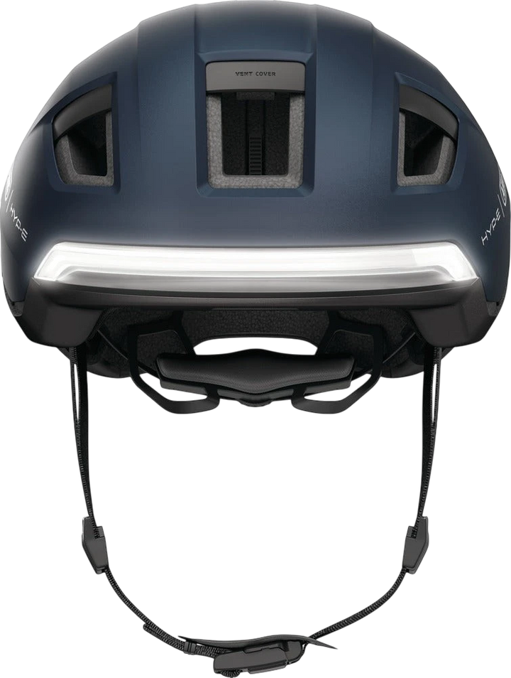 St George Security Store ABUS HYP-E midnight blue cycling helmet with integrated front LED light and ventilation cover