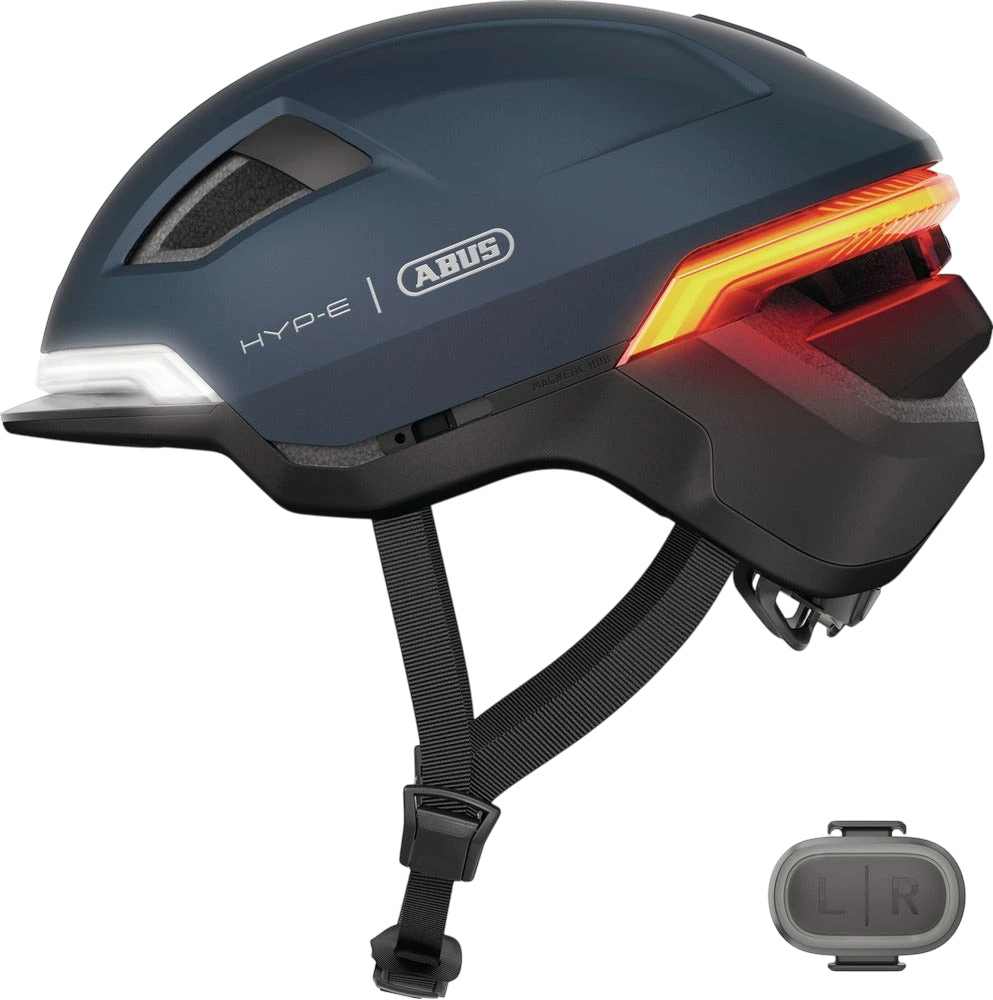 St George Security Store ABUS HYP-E midnight blue cycling helmet with integrated front and rear LED lights and remote