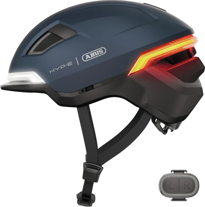 St George Security Store ABUS HYP-E midnight blue cycling helmet with integrated front and rear LED lights and remote