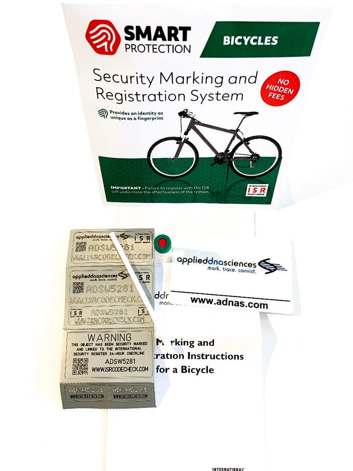 Stöldskyddsmärkning Smart Protection ISR till cyklar, sparkcyklar, barnvagnar - Förpackningsinnehåll