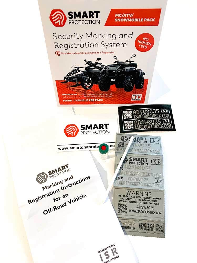 Stöldskyddsmärkning Smart Protection ISR till MC, ATV och skoter - Förpackningsinnehåll