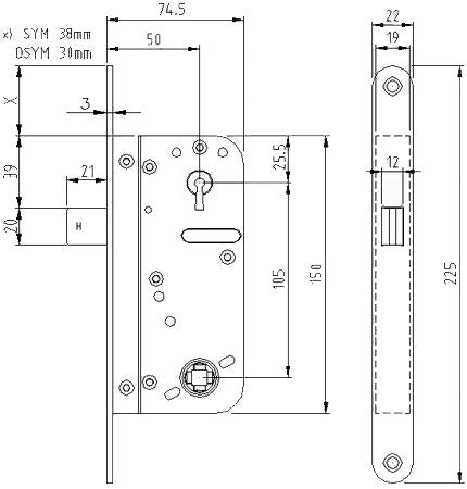 Godkänt tillhållarlåshus ASSA 90001 - Teknisk ritning med mått