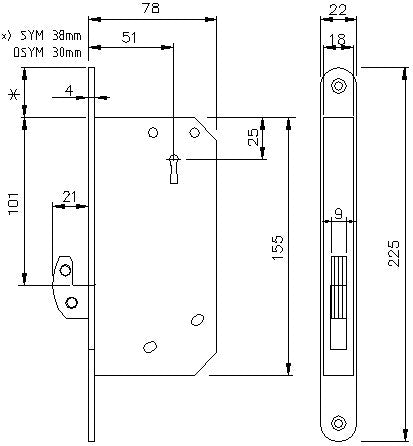 Tillhållarlåshus ASSA 249 med hakregel - Teknisk ritning med mått