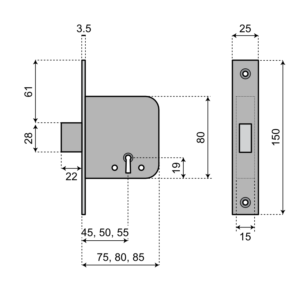 Tillhållarlåshus ASSA 131B7 - Ritning med mått