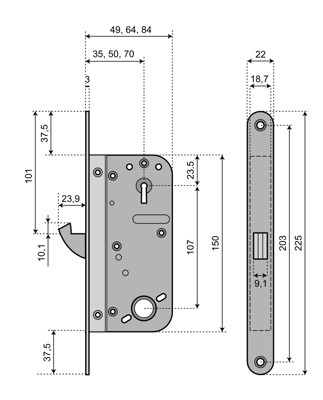 Godkänt tillhållarlåshus ASSA 911 - Teknisk ritning med mått