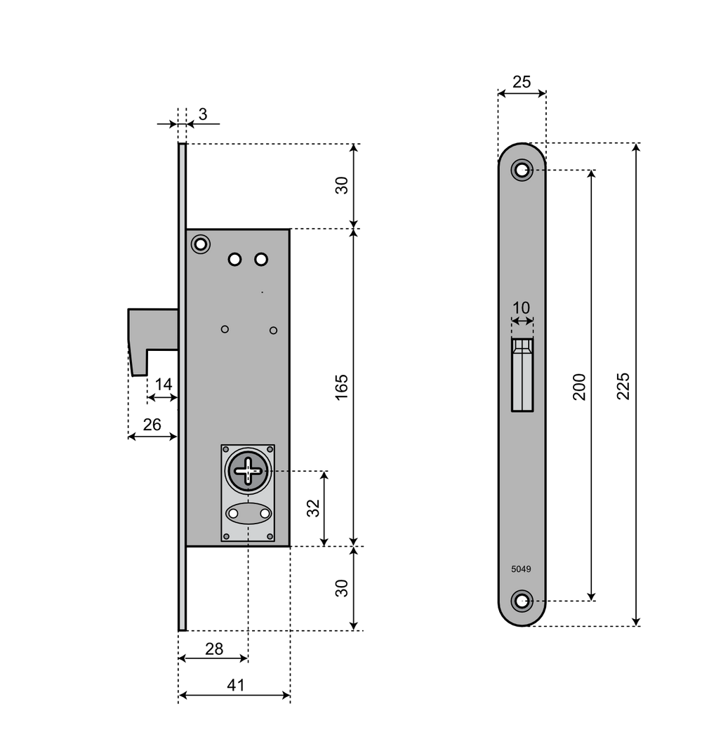 Smalprofillåshus med hakregel TrioVing 5049-25 - Teknisk ritning med mått