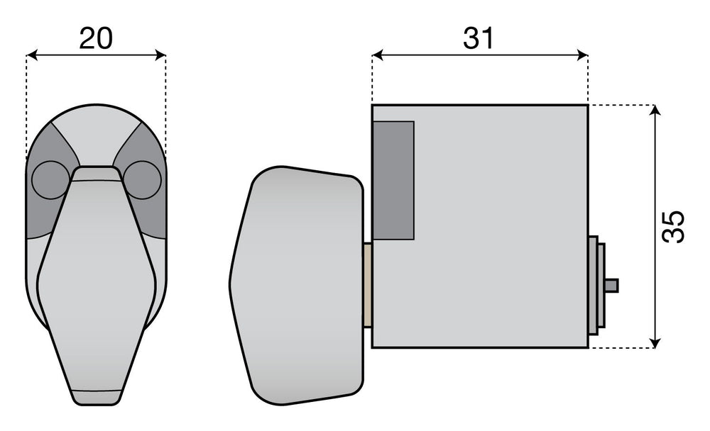 Oval vredcylinder till insidan ASSA - Teknisk ritning med mått