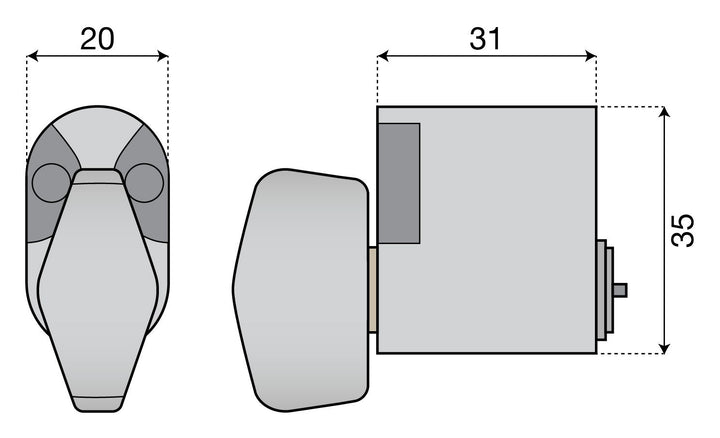 Oval vredcylinder till insidan ASSA - Teknisk ritning med mått