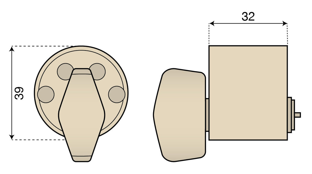 Rund vredcylinder till insidan ASSA - Ritning med mått
